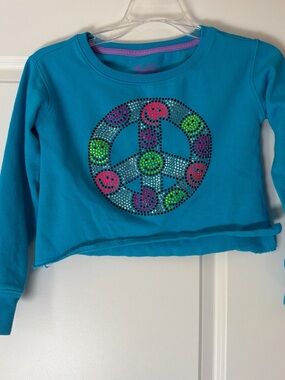 Justice Teal Long-Sleeve Crop Top with Rhinestone Peace Sign